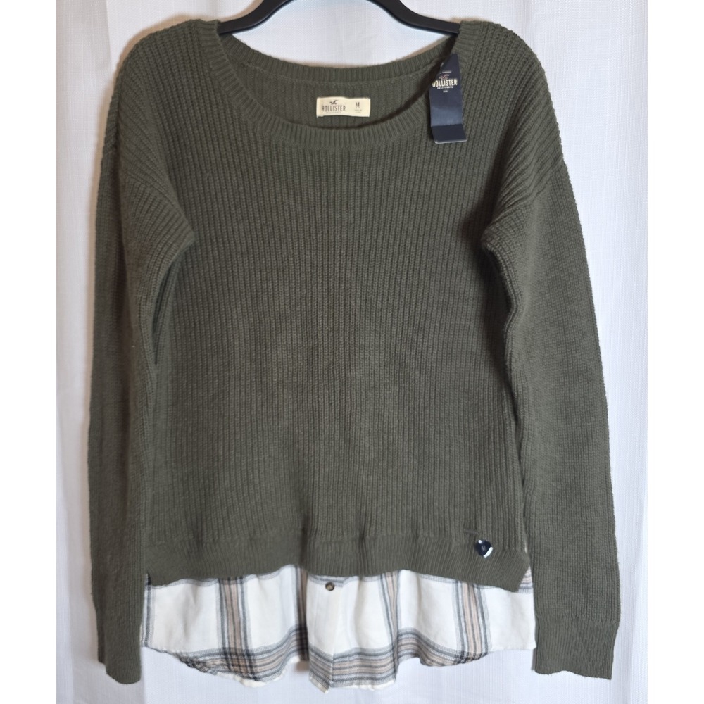 Hollister Green Sweater w/Plaid Detail‎ Women's Sz Medium NWT